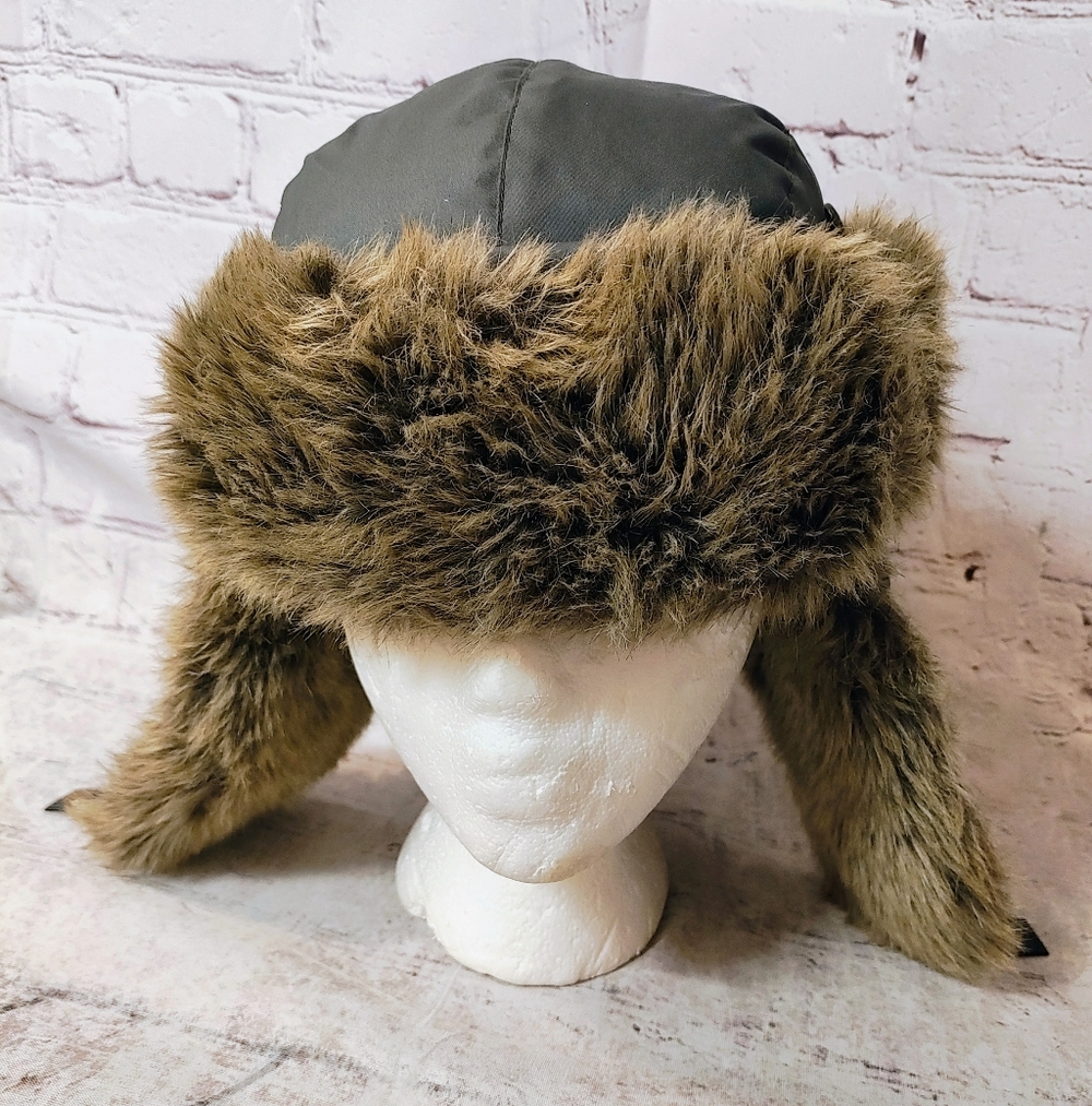 Eddie Bauer Superior Brown Faux Fur Trim Down Trapper Grey Hat L XL